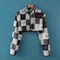 Women's cropped thermal shoulder protector jacket with grey and white checkered fleece pattern - M / Flannel Long Sleeve Black and Gray Plaid