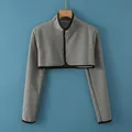 Short grey thermal fleece shoulder wrap with button closure and black contrast trim - M / Long Sleeve Stand Collar / Gray