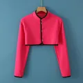 Fleece shoulder protector in bright pink with black trim and buttons for warm comfort - M / Long Sleeve Stand Collar / Pink
