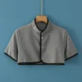Fleece-lined grey thermal shoulder wrap for elderly women with buttons and black trim - M / Short Sleeve Stand Collar / Gray