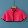 Fuchsia warm shoulder wrap with stand collar and black contrast piping for winter - M / Short Sleeve Stand Collar / Pink