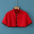 Women's warm red shoulder wrap with black trim and front buttons for winter comfort - M / Short Sleeve Stand Collar / Burgundy