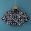 Padded floral shoulder warmer jacket for women with blue quilted cotton and stand collar - M / Triple Layer Milk Silk Quilted Floral Style / Dark Blue