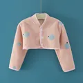 Rosa Fleece-Schulterwärmer für Kleinkinder mit blauen Patches und Knopfleiste - S / Rosa Apfel