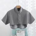 Thick grey thermal shoulder protector cape with high collar and buttons for winter warmth - Fleece Lined Short Sleeve (Light Gray)