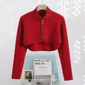 Short red thermal shoulder protector for neck warmth with button-up stand collar - Fleece Lined Long Sleeve (Wine Red)