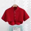 Dark red thermal shoulder wrap jacket with stand collar and buttons for warm neck protection - Fleece Lined Short Sleeve (Wine Red)
