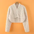 Creamy white plush knitted shoulder wrap vest with cable knit texture for winter warmth - M / Jacquard Flannel / Beige