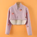 Short lilac fleece shoulder warmer jacket with peach embroidery and white buttons - M / Purple Peach (Milk Velvet)