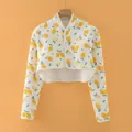 Quilted cropped shoulder warmer jacket for women with yellow lemon print and high neck collar - M / Tops / Regular Stand Collar Lengthened Style - Lemon Print