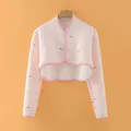 Pink quilted shoulder warmer with cute rabbit print and comfortable button front - M / Tops / Pink Rabbit (Stand Collar Lengthened)