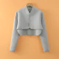 Gray quilted thermal shoulder shrug with long sleeves and front buttons for neck warmth - M / Tops / Gray (Stand Collar Lengthened)
