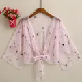 Pink sheer mesh sun protection shawl with delicate floral embroidery and front tie bow - M / Pink