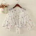 Sheer white mesh sun protection shawl with purple floral embroidery and bell sleeves - M / White