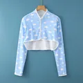 Light blue cotton shoulder protector with white cloud print and button closure for summer - M [recommended Weight: 80-100 Jin] / Long Sleeve Stand Collar Blue Sky Clouds
