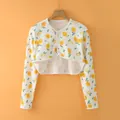 Cotton long sleeve cropped shrug with lemon print and white button closure - M / Long Sleeve Round Neck / Sweet & Sour Lemon