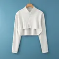 Cardigan corto grigio chiaro in cotone con collo alla coreana e tre bottoni - M