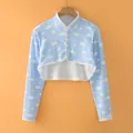 Cardigan corto in cotone azzurro con stampa di nuvole e collo alto da donna - M / Manica Lunga Collo Alto / Cielo Blu Nuvole Bianche