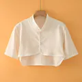 Short sleeve pure cotton nursing shawl in cream peach with white piping detail - M / Short Sleeve Stand Collar / Nude