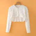 White cotton long sleeve shrug with pink strawberry prints and button front closure - M / Long Sleeve Round Neck / Fresh Strawberry