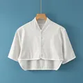 Short-sleeved light gray cotton shoulder wrap with four buttons and white trim finish - M / Short Sleeve Stand Collar / Light Gray