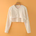 Short beige cotton shoulder wrap cardigan with round neck and three button closure - M / Long Sleeve Round Neck / Nude