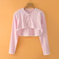 Pink cotton shoulder wrap cardigan with round neck and white trim for summer - M / Long Sleeve Round Neck / Pink