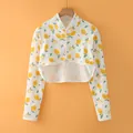 White cotton shoulder wrap with yellow lemon prints and three white buttons - M / Long Sleeve Stand Collar / Sweet & Sour Lemon