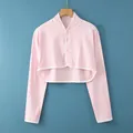 Pink cotton shoulder protector cardigan for women with buttons and white trim details - M [recommended Weight: 80-100 Jin] / Long Sleeve Stand Collar Pink