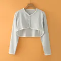 Light grey cotton knit shoulder shawl with white trim and button closure - M / Long Sleeve Round Neck / Light Gray