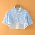 Light blue cotton shoulder wrap with white cloud print and three buttons for summer - M / Short Sleeve Stand Collar / Blue Sky White Clouds