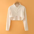 Beige cotton knit shoulder protector cardigan with button detail and white contrast trim - M / Long Sleeve Stand Collar / Nude