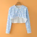 Short sky blue cotton shoulder shawl with white cloud pattern and button closure - M / Long Sleeve Round Neck / Blue Sky White Clouds