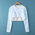 Short sleeve pure cotton nursing shawl with light blue cartoon whale prints for women - M [recommended Weight: 80-100 Jin] / Long Sleeve Round Neck Whale