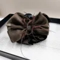 Detail of 13cm coffee brown tulle bow hair claw clip with feathers and rhinestones - 13cm Velvet Mesh Claw Clip (Coffee)