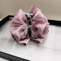Detail of 13cm large hair claw clip with dusty pink organza bow and feather accents - 13cm Velvet Mesh Claw Clip (Pink)