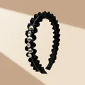 Elegant black pleated fabric headband with three large pearls and sparkling crystals - Narrow Pleated Lace / Faux Pearl Crystal Style (Black)