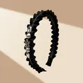 Elegant black pleated satin headband with pearls, crystals and floral rhinestone accents - Narrow Pleated Lace / Flower Crystal Style (Black)