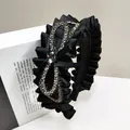 Elegant black satin pleated headband with a large sparkling rhinestone bow and crystal - Double Layer Bow-Black