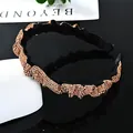 Diadema plisada de terciopelo negro con brillantes cristales champán para mujer - Estilo plisado estrecho / Diamante de imitación champán