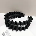 Serre-tête plissé noir élégant orné de perles grises et de strass argentés - Style Satin Plissé Perle / Noir