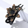 Pinza para el pelo de flor negra con cristales champagne y azules en diseño floral 3D - Gris Transparente Champaña (1 Estrás Completo 6 Pétalos Puntiagudo)