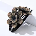 Pinza para el pelo negra elegante con flores de strass champán y centros azules - Borde Redondo Doble Flor (0415-1) / Diamante de imitación gris transparente
