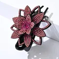 Pinza para el pelo de flor brillante con pedrería degradada rosa y base negra elegante - Estrás Rosa Fuerte (17 Estrás Completo 6 Pétalos Hueco)