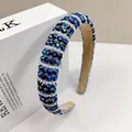 Detail of luxury padded headband with navy beads and rows of white pearls for women - Dark Blue