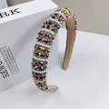 Detail of sponge headband with colorful rhinestones and white pearls on beige lining - Large Rhinestone & Pearl Headband / 2.5cm Wide / Brown Gold