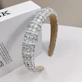 Detailed macro of crystal rhinestone and pearl embellishments on a sponge headband - Large Rhinestone & Pearl Headband / 2.5cm Wide / White