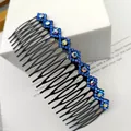 Elegant black hair comb featuring eight blue rhinestone flowers with aurora borealis centers - Rhombus Blue Rhinestone