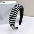 Detail of baroque headband with woven white pearls and black faceted beads on fabric - Black
