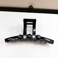 Detail of large black hair claw clip with blue marble beads and clear rhinestones - Large Square Claw Black
